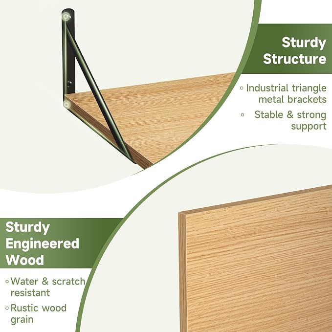 Heimlove 12 Inch Deep Floating Shelves for Wall, 16W x 12D Wide Floating Shelves Heavy Duty Wall Mounted Shelves, Wood Wall Shelves for Living Room Bedroom Bathroom Kitchen- Set of 4