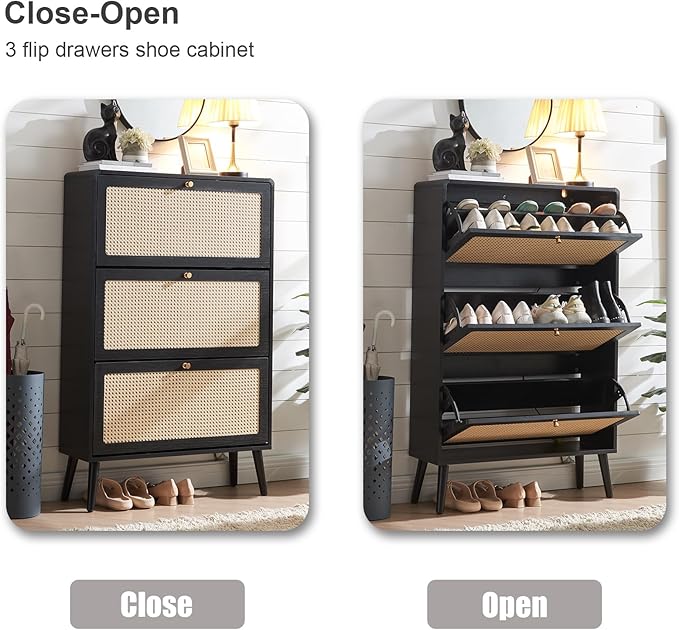 Rattan Shoe Cabinet with 3 Flip Drawers, 48 Pairs Narrow Shoe Storage Cabinet for Entryway Freestanding Hidden Shoe Rack, Modern Slim Wood Shoe Organizer for Hallway, Black