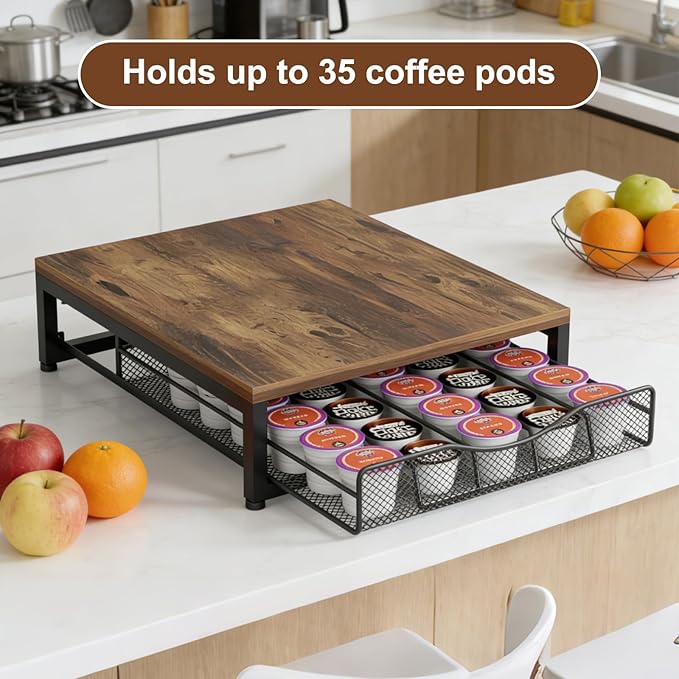 VyGrow Coffee Pod Holder For Counter, Wooden K Cup Holder with Single Layer Sliding Drawer, Large Capacity Coffee Pod Storage for Coffee Station, Home, Office, Kitchen