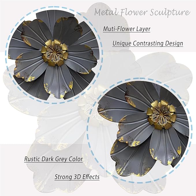 Metal Flower Wall Sculpture, 9.5" Rustic Modern Artwork Distressed 3D Layered Vintage Iron Flower Wall Hanging Accent for Indoor Kitchen, Bedroom Living Room Office Outdoor Garden Patio Decor (Grey)