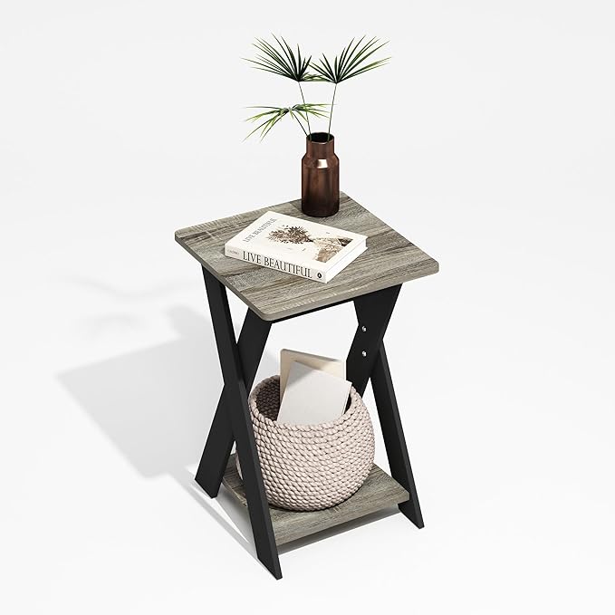 Furinno Modern Simplistic Criss-Crossed End Table, Side Table, Grey Oak/Black (Pack of 2)