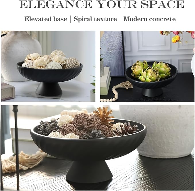 Decorative Bowl for Fruit Candy Keys Purse - Large Pedestal Decor Bowl for Kitchen Counter - Morden Round 10" Aesthetic Bowls for Coffee Entry Table Centerpiece Decor (Black)