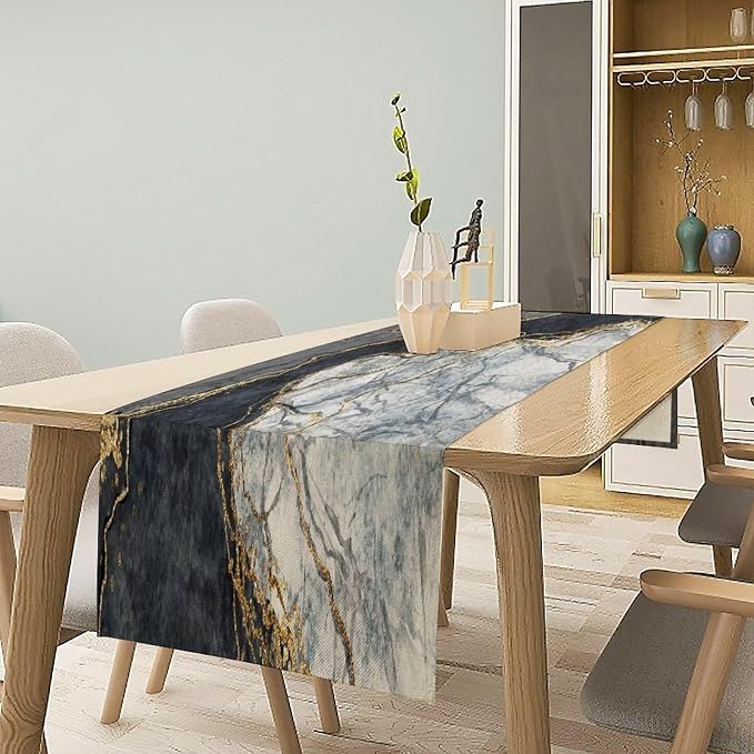 Marble Table Runner,Gold Glitter Gray Black Stone Marble Tie Dye Fluid Abstract Art Pattern Table Runner for Coffee Table Dining Room Table Bedroom Party Holiday Decor 13x90inch
