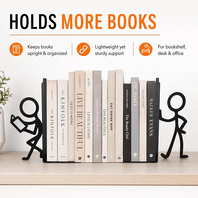Metal Bookends for Bookshelf, Desk, Home & Office, Decorative Stick Figure Book Holder, Space-Saving, Sturdy, Non-Slip Pads, Supports More Books, Lightweight 6.7"x5.9"x1.4"