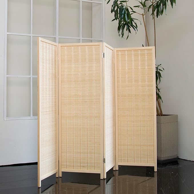 4 Panel Short Room Divider – 3.9 ft Tall Double-Side Folding Privacy Screen, Natural Beige Bamboo Partition Wall for Home Office, Living Room & Corner Spaces