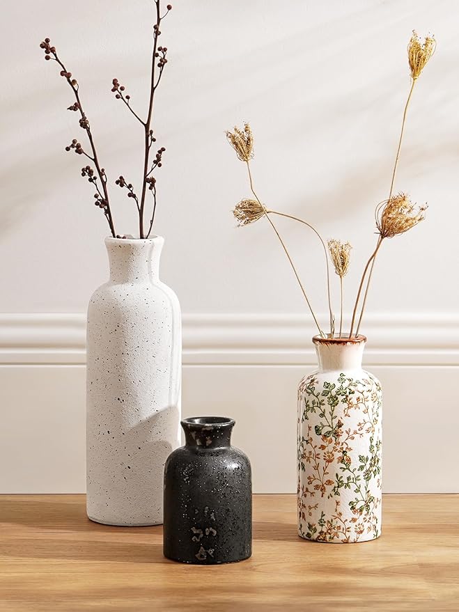 LE TAUCI Ceramic Vase Set of 3, Black Speckled Flower Vases for Fresh or Dried Flowers, Modern Farmhouse Home Decor for Coffee Table, Mantel, Shelf, Entryway, Distressed Iron Black