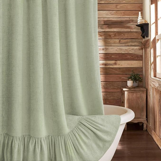 Farmhouse Shower Curtain with Ruffle Hem Linen Flax Green Shower Curtains for Bathroom Country Vintage Rustic Natural Fabric, 72" W x 72" L