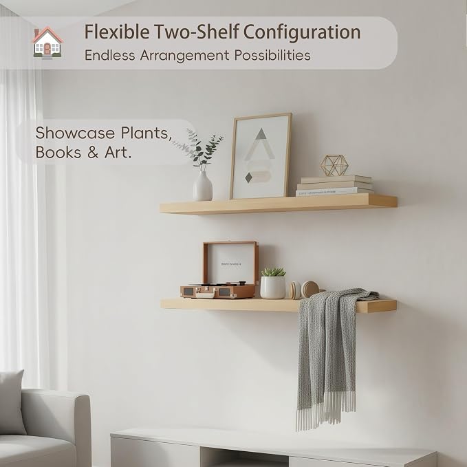 Lufia Floating Wall Shelves, Set of 2, MDF with Invisible Brackets, Modern Storage for Bedroom, Bathroom, Living Room, Kitchen (Oak, 24" W x 7" D x 1.5" H (2 Pieces))