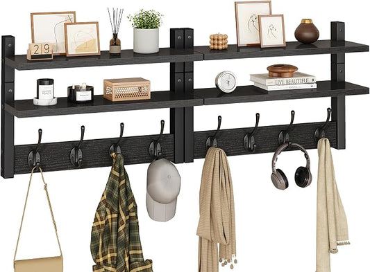 YMYNY Coat Rack Wall Mount with Shelf, Two-Tier Wall Shelf Mounted with 8 Hooks, Wooden Wall Coat Rack for Entryway, Bedroom for Hanging Clothes/Coats/Keys/Hats/Towels, Black, HWS009B-2