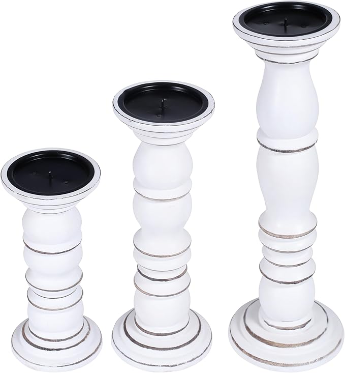 Wooden Candle Holder Set of 3 - Handcrafted Pillar Candle Stand (15", 12", 9") - Rustic Mango Wood Decorative Candle Holders for Home, Living Room, and Dining Table - White Antique