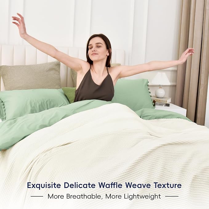 PHF Pre-Washed 100% Cotton Waffle Weave Blanket Queen Size for Bed,Snag Proof Throw Blanket for Couch Spring Summer Lightweight Breathable,Machine Washable, Home Decor Gift - Cream