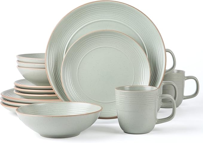 Arora RINGAR Round Stoneware 16pc Dinnerware Set of 4, Dinner Plates, Side Plates, Cereal Bowls, Mugs - Speckle Matte White (406646)