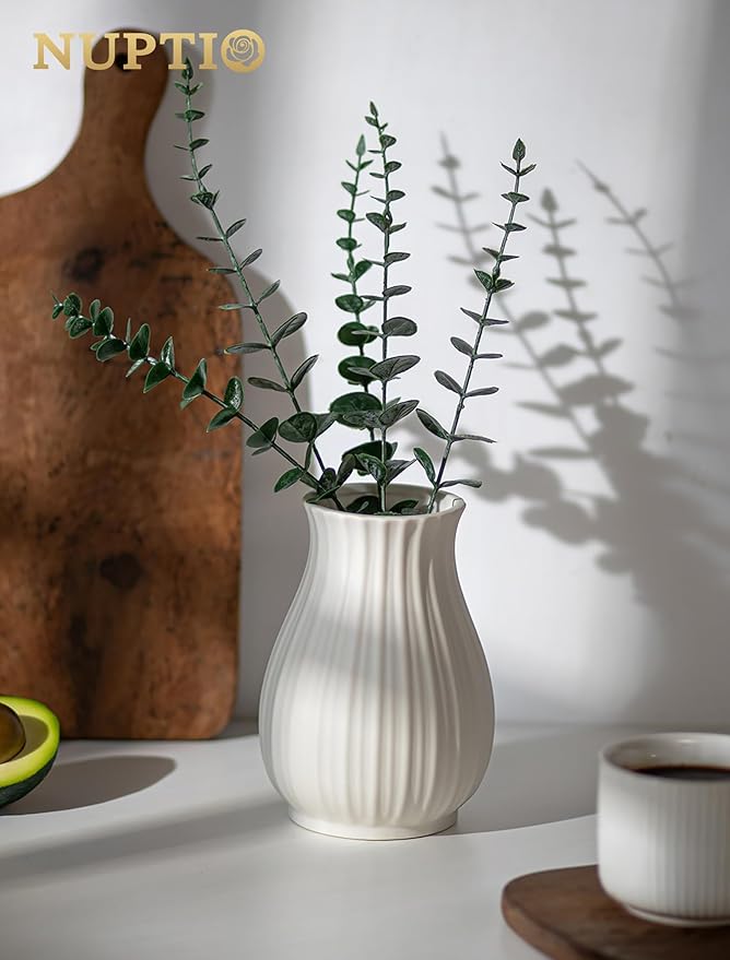NUPTIO Ceramic Flower Vase for Bouquet: 6.3" Tall White Vases for Home Decor - Modern Decorative Table Centerpiece for Living Dining Room Kitchen Decor