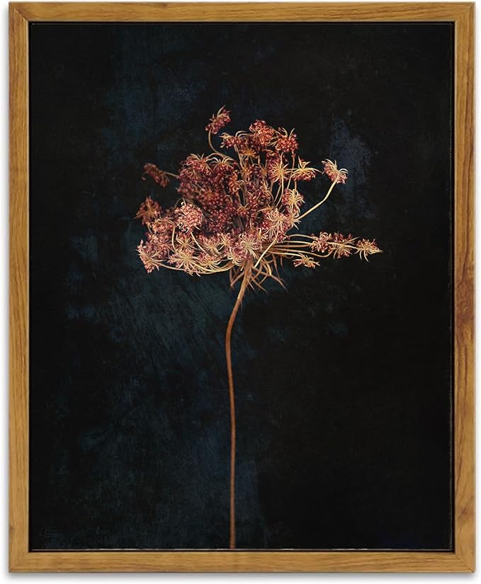 KBKBART Framed Vintage Wall Art Prints, Retro Moody Floral Botanical Canvas Painting Farmhouse Decor, Black Dark Classical Flower Framed Canvas Wall Art for Bathroom, Bedroom, Living Room, Gallery, Vintage Wall Decor(12"x16")