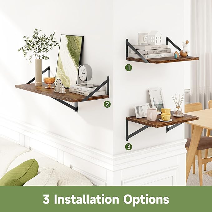 Heimlove Deep Floating Shelves for Wall, Wood Wall, Wide Floating Bookshelf for Living Room, Kitchen, Office, Bedroom and Decor Storage,Rustic Brown with Metal Bracket, 16wx12dx5.8h, 4Shelves