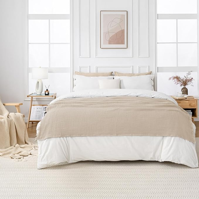 Esterra Muslin Throw Blanket 50x65 Inches Cozy Soft Lightweight Pre-Washed Cotton Blanket, All Season Breathable 4-Layer Gauze Blanket Throw for Sofa Couch Bed, Neutral