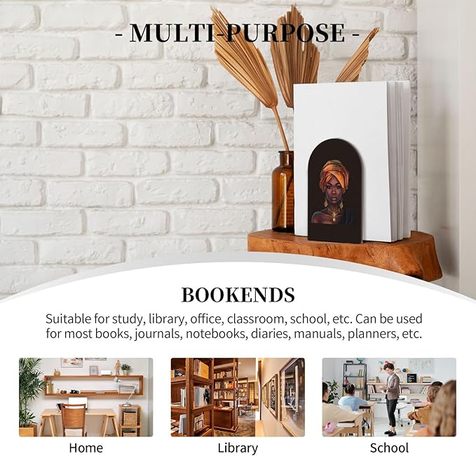 Black Women Beautiful Girl L-Shaped Book Ends 1 Pair Wood Bookends Book End Supports for Heavy Book Shelf Holder Home Decorative