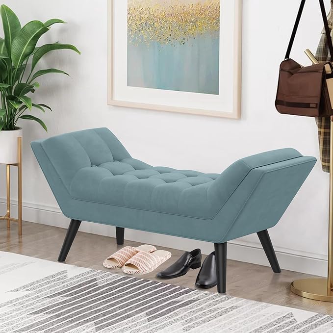Alunaune Blue Velvet Tufted Ottoman Bed Bench, Upholstered Entryway Bench for Bedroom Storage Footstools with Wood Legs-2 Seater