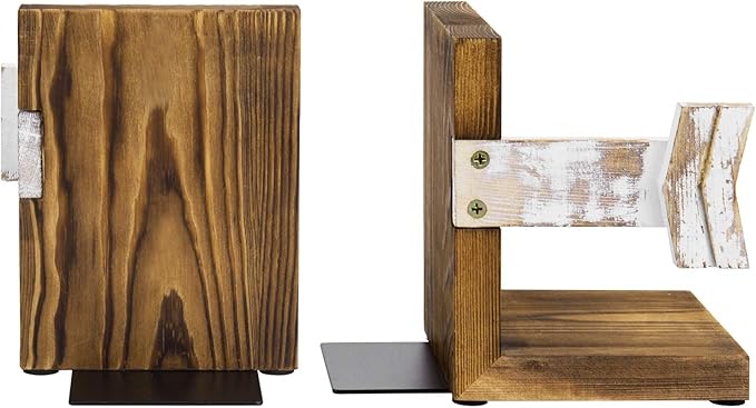 MyGift Farmhouse Bookends, Rustic Book Ends Kitchen, Tabletop Boho Bookend Support Stands, Whitewashed Arrow Design and Burnt Dark Brown Wood
