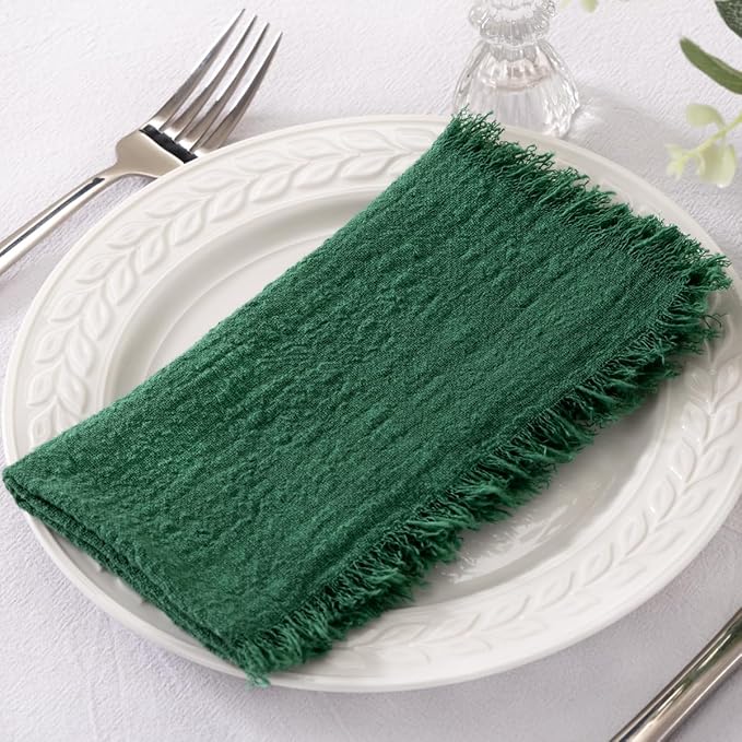 Socomi Set of 6 Linen Napkins Emerald Green Christmas Easter Spring Cloth Napkins Washable Cotton Dinner Napkins Fringe 17"x17" for Wedding Party Bridal Baby Shower Birthday Table Decorations