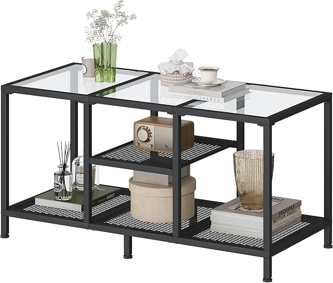 JARHETUN Glass Coffee Table, Coffee Tables for Living Room, Small Center Table, Modern Coffee Table with Open Storge&Metal Frame, Rectangular Coffee Tables for Small Space, Home Office, Black
