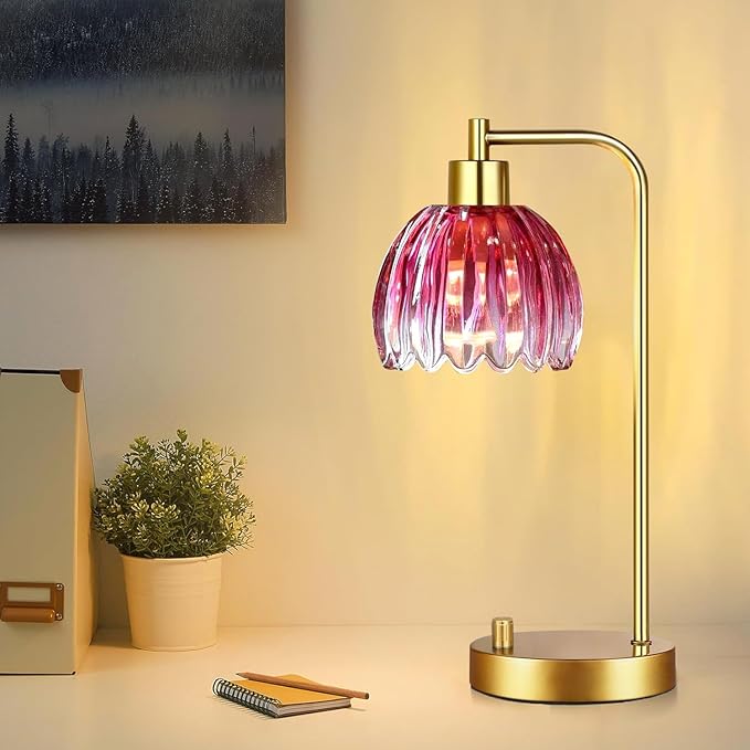 ILLMTW Pink Table Lamp Set of 2,Small Gold Bedside Lamps Dimmable Boho Bedroom Lamp with Tulip Flower Glass Lamp Shade,Vintage Mid Century Modern Mini Nightstand Lamp for Kids Bedroom Living Room