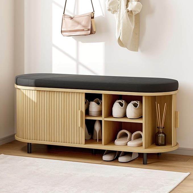 ONBRILL 43" Shoe Bench with Storage, Fluted Shoe Storage Bench with Cushion, Sliding Door and Adjustable Shelf, for Entryway, Hallway, Living Room, Oak