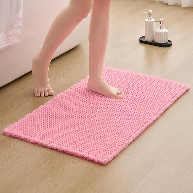 ILANGO Upgraded Waffle Bath Mat,Super Absorbent Boho Non Slip Bathroom Rugs Quick Dry,Ultra Soft Machine Washable Mats with Tassels for Floor,24x36,Pink
