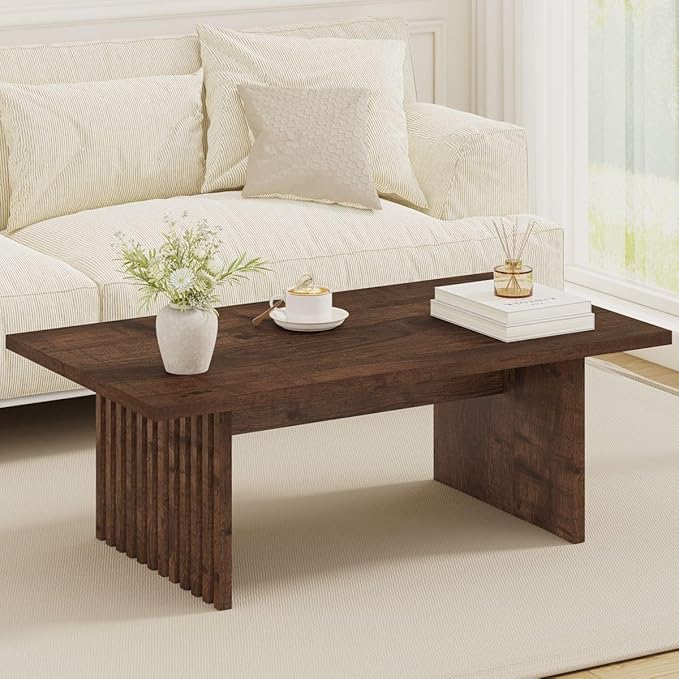 BON AUGURE 47 Inch Coffee Table, Fluted Side Panels Coffee Tables for Living Room, Large Wooden Tabletop Center Table, Farmhouse Living Room Tables for Lounge, Office, Rustic Oak