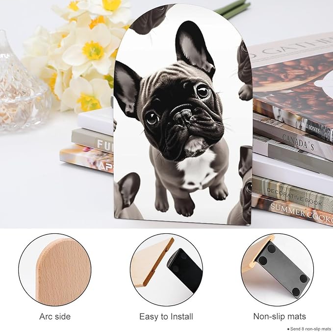 French Bulldog Book Ends Wooden Bookends Non-Skid Metal Base Heavy Duty Book Shelves Decor, Decorative Bookends for Books/CDs Bookshelf Table Home Decor