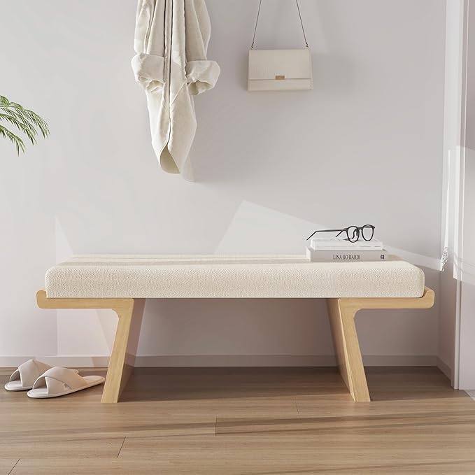 47.2’’ Bed Bench, Modern Upholstered Living Room Bench with Solid Wood Legs, Wooden Shoe Bench with Floating Design, Linen Fabric Dining Bench for Kitchen, Entryway (Beige/Natural)
