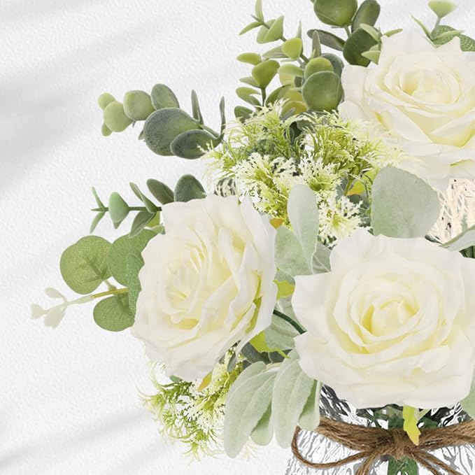 HOHOTIME Artificial Flowers with Vase, White Silk Roses Fake Flower Arrangement with Eucalyptus, Faux Plant Vase for Home Office Dining Table Centerpiece Coffee Table Decor Farmhouse Decoration