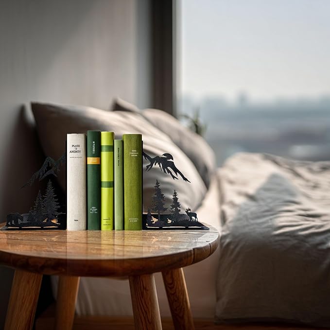 Mountain Forest Book Ends Decorative for Shelves, Cute Metal Bookends for Heavy Books, Unique Laser Cut Book Holders, Black Book Stopper for Home Office, Decorative Bookends for Shelf Decor