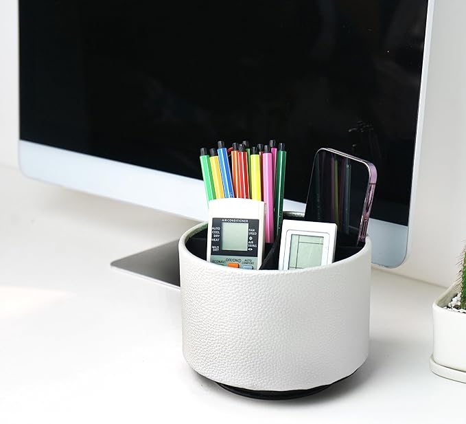 Round Leather Art Supply Organizer,Remote Control Holder,360 Degree Spinning,Multi-Functional Pencil Holder,4 Compartments Desktop Stationary Organizer(1-Lichee Silver)