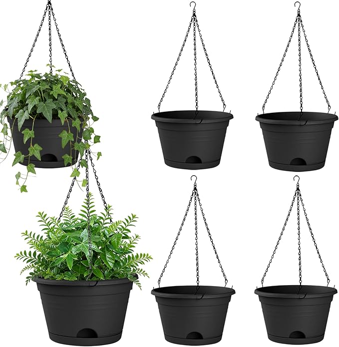 Nooulap 6 Pack Hanging Planters, 10 Inch Plant Pot with Hanger Chain & Drainage Trays, Hanging Baskets for Plants Outdoor Indoor, Hanging Flowers, Vegetables, Herbs (Black-6 Pack, 10 inch)