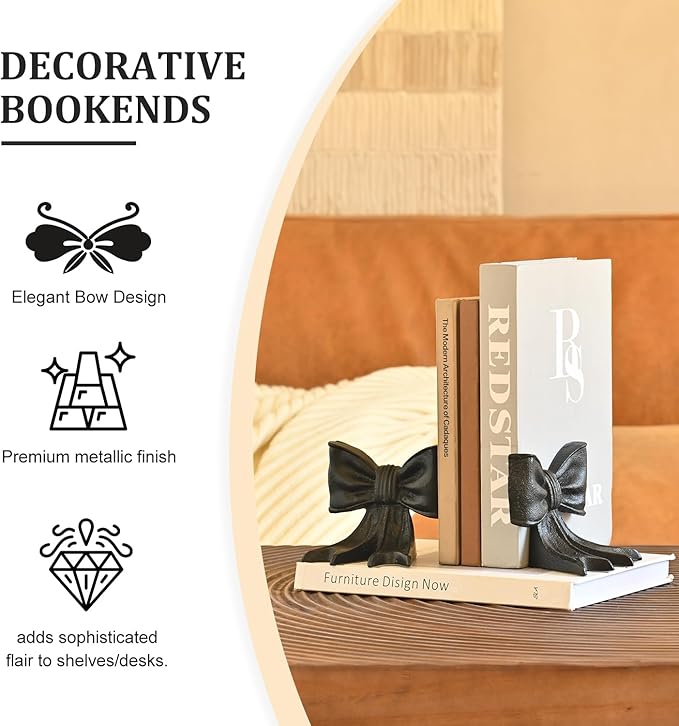 Metal Bookends Set of 2, Heavy Duty Book Ends for Heavy Books, Black Decorative Bookends for Shelves Desk Office Home Decor