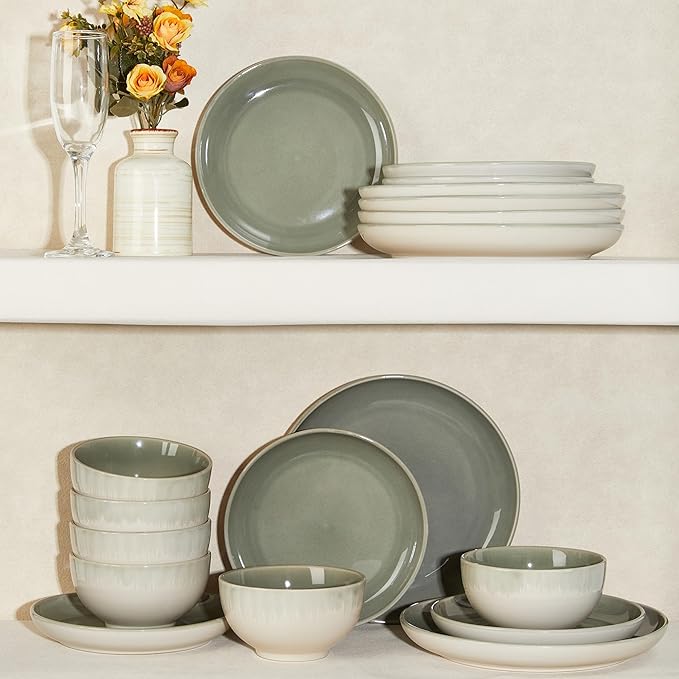 Pokini 32 Piece Double Bowl Dinnerware Sets with Pasta Bowls, Highly Chip and Crack Resistant Plates and Bowls Sets, Natural Earthyware Ceramic Dishware Sets, Service for 8 Gradient Green