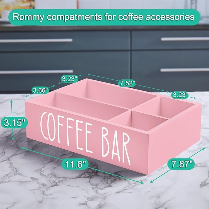 ALELION Coffee Station Organizer - Wood Countertop Accessories Organizer with Removable Dividers for Pods Condiment Syrup Tea Cups Stirrers - Pink Decor for Kitchen Coffee Bar