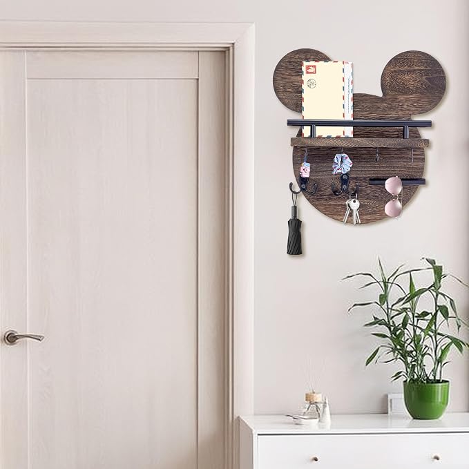 AIRPOP Key Holder for Wall–Mouse Wooden Mail Organizer Wall Mount with Shelf and 6 Hooks, Easy Installation Key Rack Hanger for Entryway Living Room Home Decor (Brown)