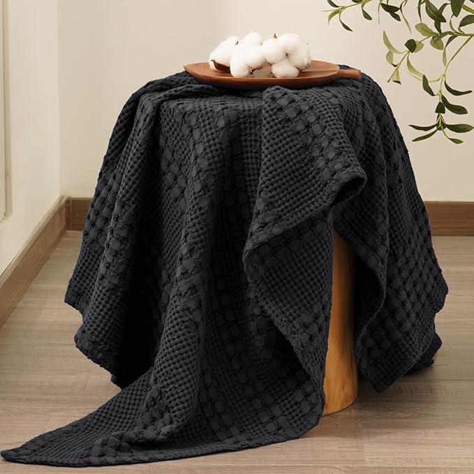 PHF 100% Cotton Waffle Weave Throw Blanket, Soft Lightweight Breathable Cozy Throws for Couch Bed Sofa, Luxury Aesthetic Blanket Gift for Home Decor & Office, 50"x60", Black