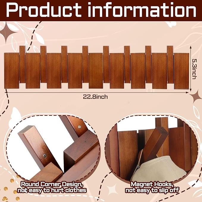 Youyole Mid Century Modern Wooden Coat Hooks Wood Color Wall Mounted Folding Coat Rack Hanger with 8 Hooks Heavy Duty Flip Down Piano Hat Rack for Hanging Coats Hats Home, 22.8 x 5.3''