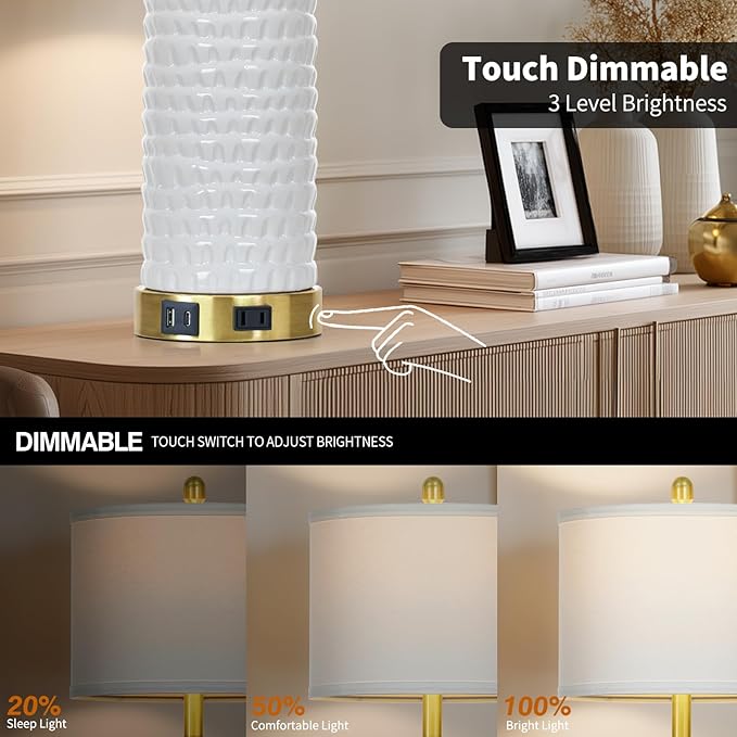 Cinyirong 26" White Table Lamps for Living Room Set of 2, Ceramic Bedroom Lamps for Nightstands, Modern Bedside Lamps for Bedroom Living Room, Nightstand Lamps for End Table, Hallway, Gold and White