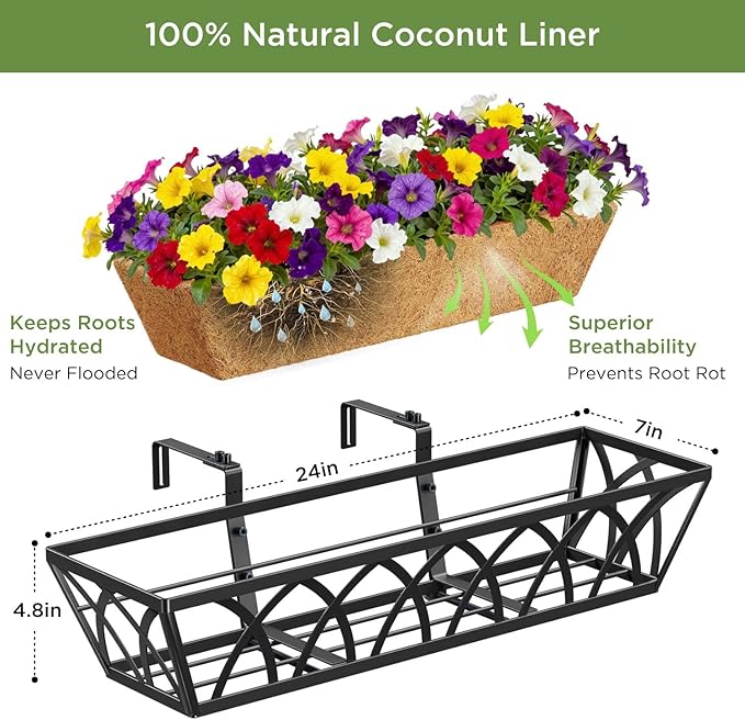 24 Inch Railing Planter Box with Coco Liner, Adjustable Metal Window Box, Hanging Flower Planter Outdoor, for Balcony Deck Fence Garden, Black, Set of 2