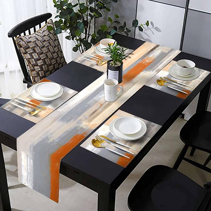 Orange and Grey Table Runner and Place Mats Set of 6 Abstract Modern Table Runners and Placemats Burnt Orange Dining Mat Sets Washable Vintage Tabletop Home Decorations 90 Inches Long