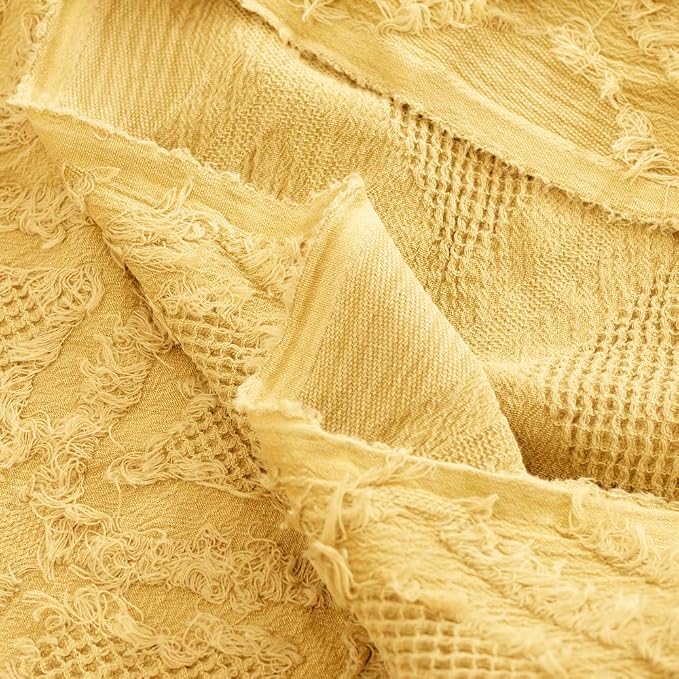 Simple&Opulence 100% Cotton Throw Blanket for Bed, Couch, Boho Textured Geometric Knit Woven Blanket with Tassels Soft, Lightweight Breathable Shabby Chic Farmhouse Decoration for All-Season(Yellow)