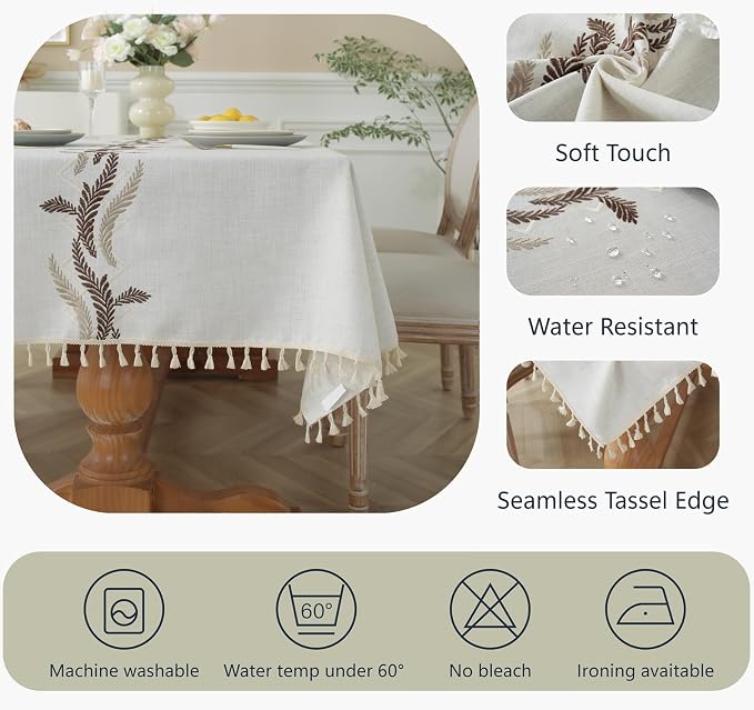 Alsoo Embroidered Tablecloth Rectangle 55 x 120 Inch, Washable Waterproof Wrinkle Free Table Cloth Cotton Linen Fabric with Tassel for Kicthen Dining Outdoor Picnic