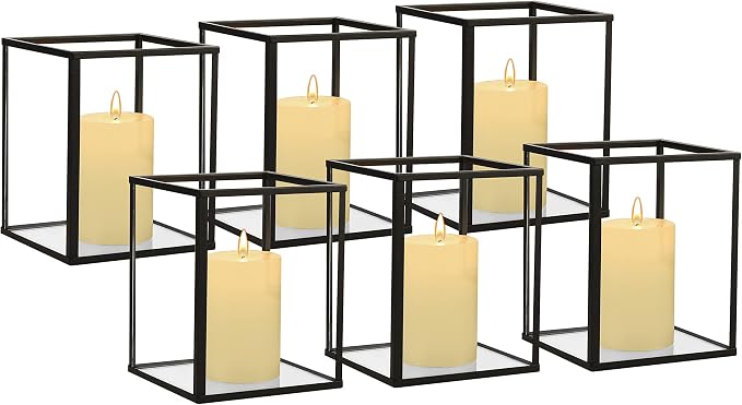 Phosphor Set of 6 PCS Small Glass Hurricane Camdle Holder, Black Candle Holder for Wedding, Party, Holiday.