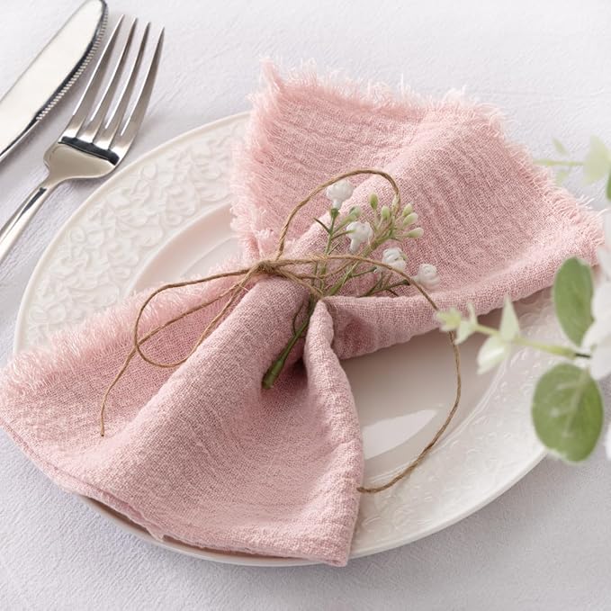 Socomi Set of 6 Linen Napkins Dusty Rose Easter Spring Cloth Napkins Washable Cotton Dinner Napkins Fringe 17"x17" for Wedding Party Bridal Baby Shower Birthday Table Decorations