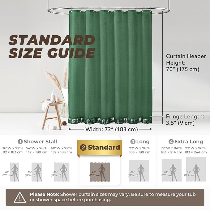 Boho Shower Curtains for Bathroom, Farmhouse Shower Curtain with Tassels, Green Shower Curtain Set, Faux Linen Fabric Shower Curtain with 12 Hooks, Hotel Quality, 72x72 Inches
