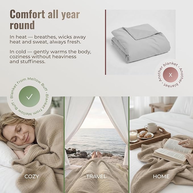 4-Layer Muslin Cotton Bed Blanket Twin Size (66 x 90 inches) – Soft, Breathable, Lightweight All-Season Gauze Blanket, Machine Washable – Tan